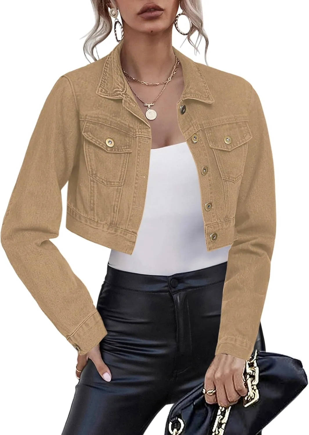 Grabsa Women's Button Down Long Sleeve Cropped Denim Jean Jacket with Pockets