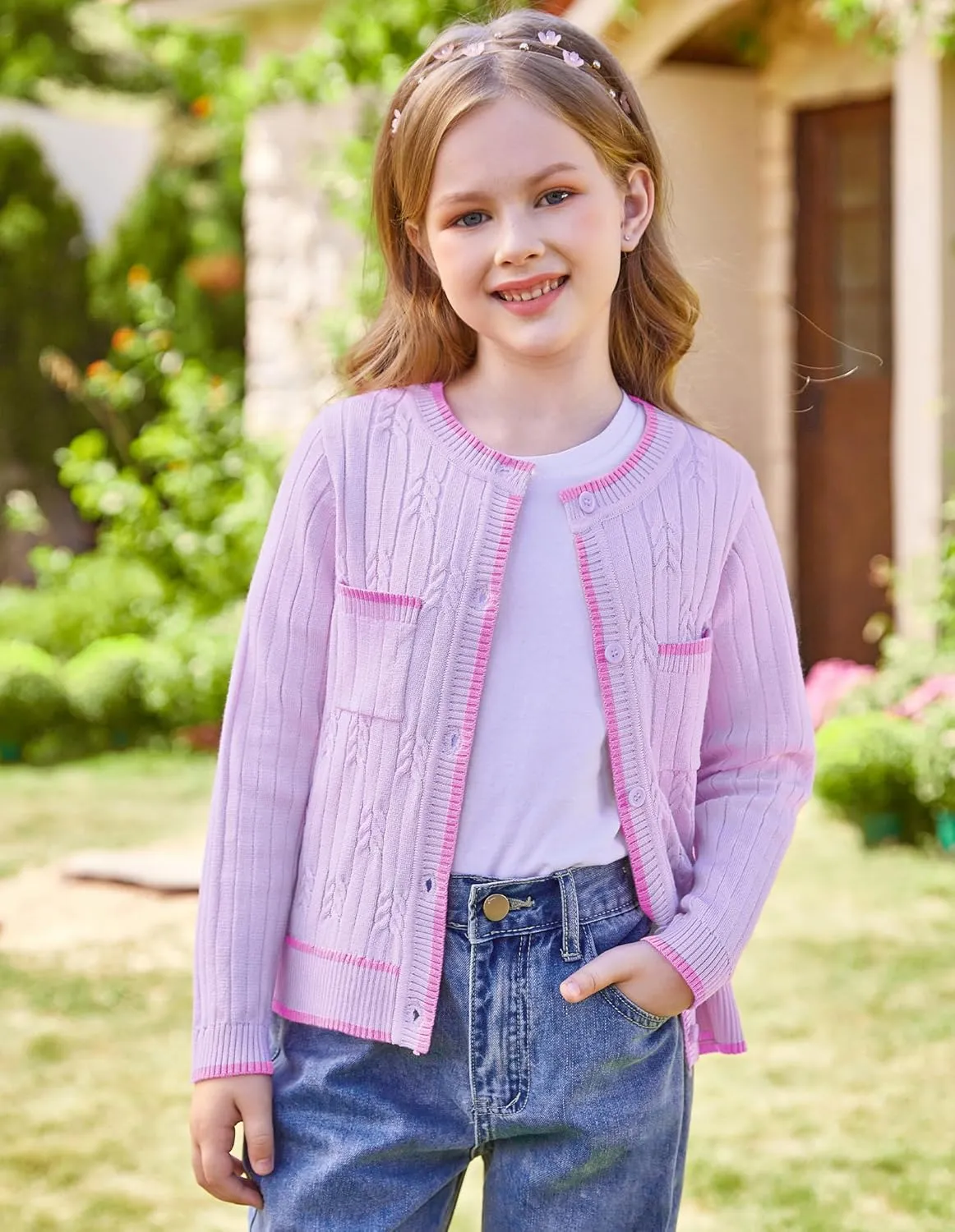 GRACE KARIN Girls Cardigan Sweater Long Sleeve Knit School Uniform Crew Neck Cute Cardigan 5-12 Years