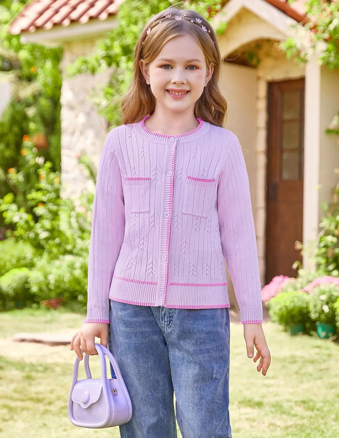 GRACE KARIN Girls Cardigan Sweater Long Sleeve Knit School Uniform Crew Neck Cute Cardigan 5-12 Years