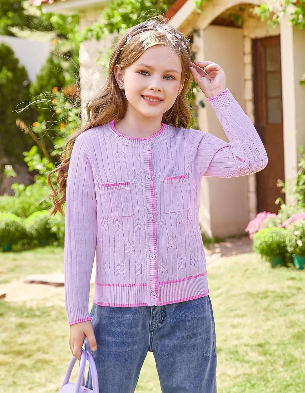 GRACE KARIN Girls Cardigan Sweater Long Sleeve Knit School Uniform Crew Neck Cute Cardigan 5-12 Years