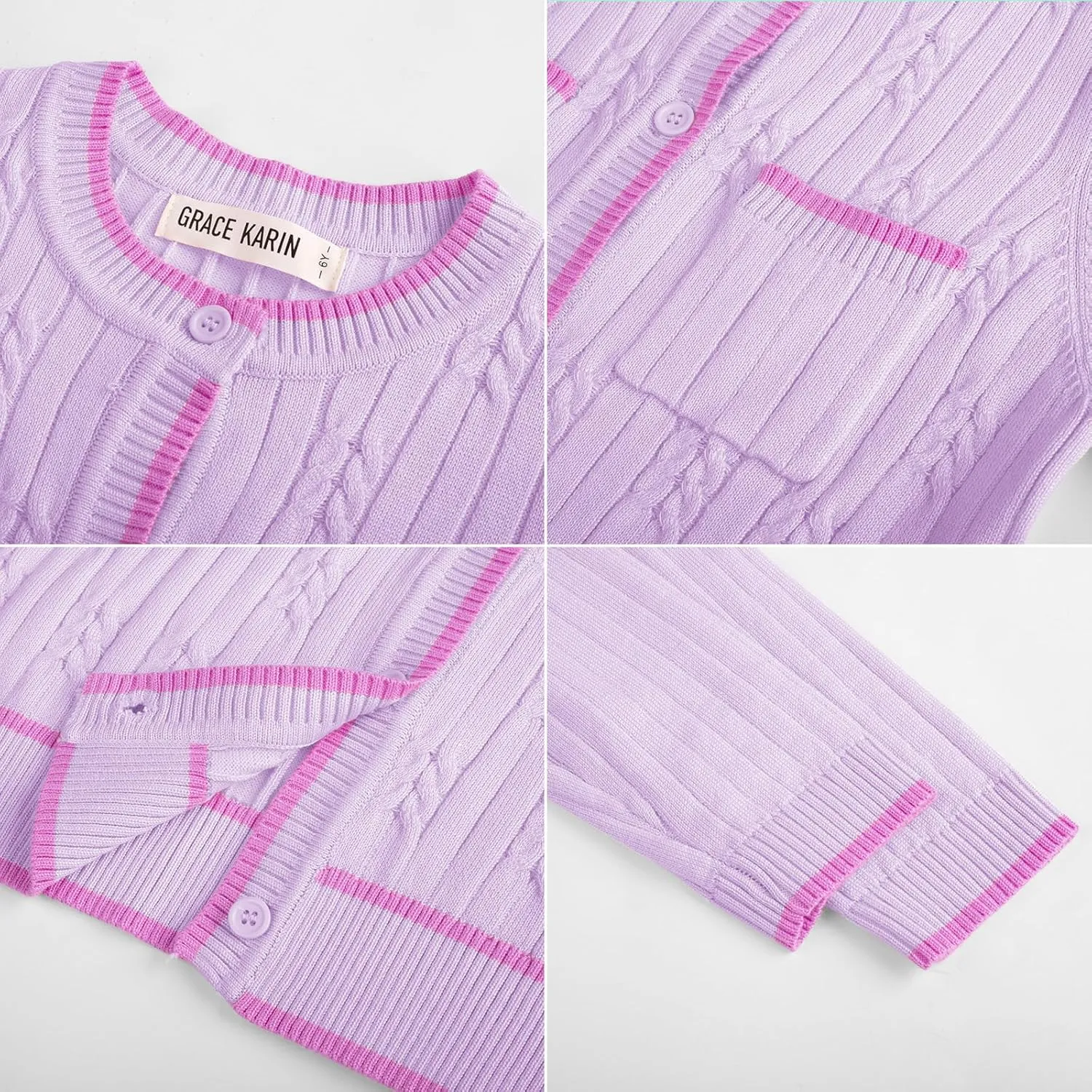 GRACE KARIN Girls Cardigan Sweater Long Sleeve Knit School Uniform Crew Neck Cute Cardigan 5-12 Years