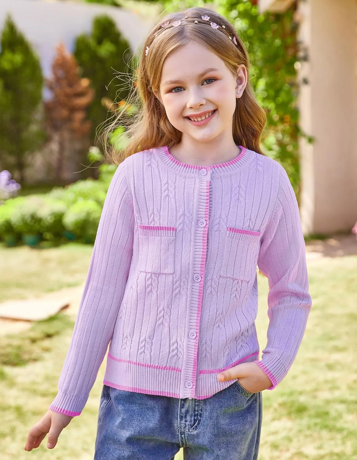 GRACE KARIN Girls Cardigan Sweater Long Sleeve Knit School Uniform Crew Neck Cute Cardigan 5-12 Years