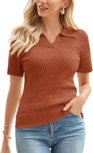 GRACE KARIN Womens 2025 Summer Short Sleeve Sweater V-Neck Collared Pullover Sweater Tops Lightweight Knit Polo Shirt