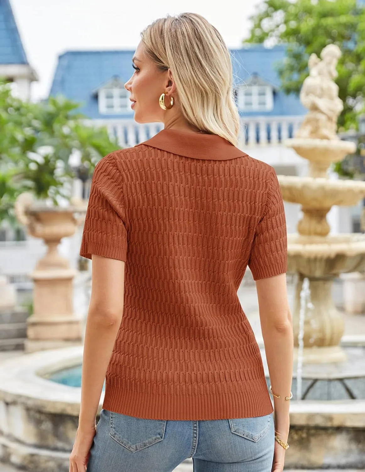 GRACE KARIN Womens 2025 Summer Short Sleeve Sweater V-Neck Collared Pullover Sweater Tops Lightweight Knit Polo Shirt