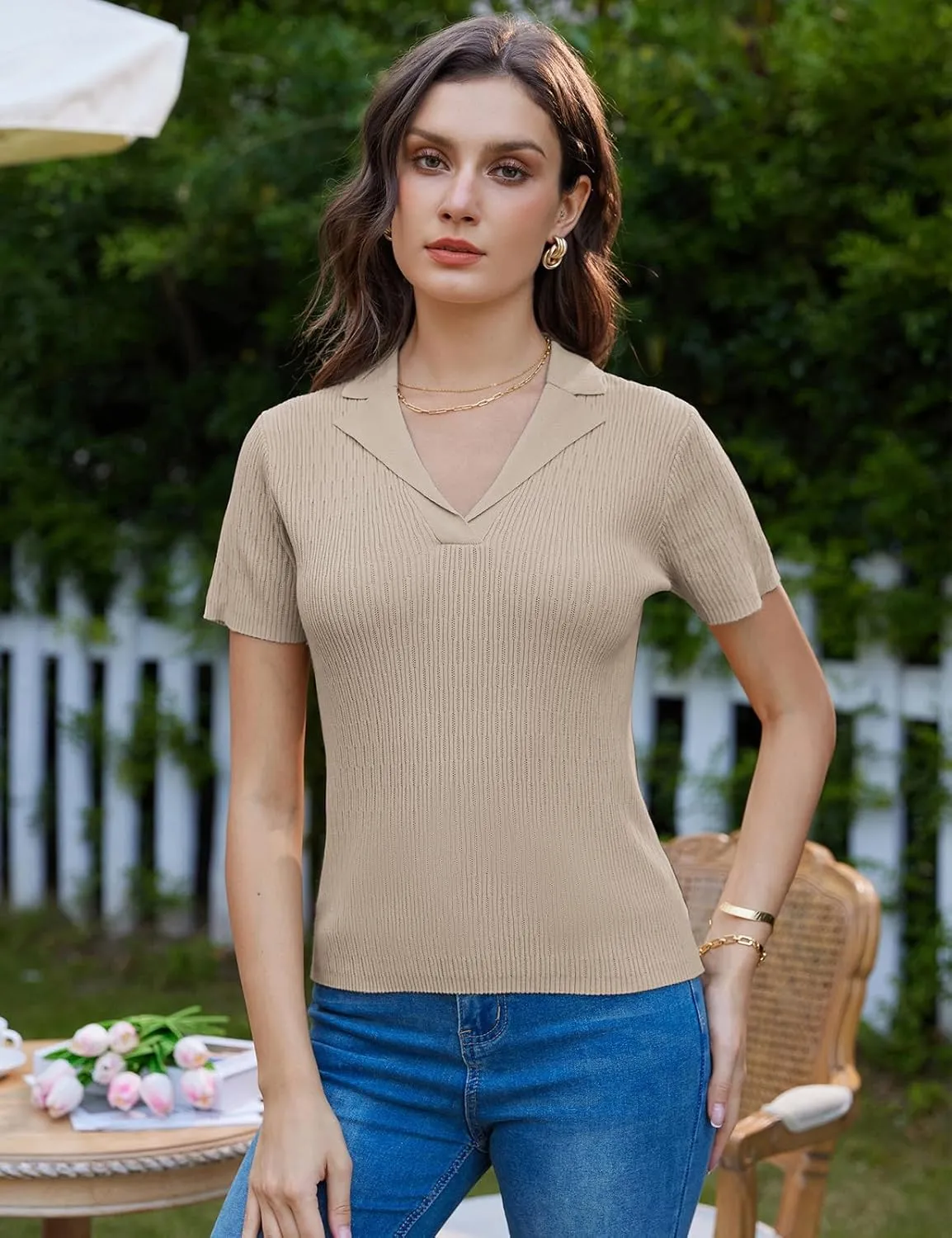 GRACE KARIN Womens 2025 Summer Short Sleeve Sweater V Neck Knitted Polo Shirt Lightweight Collared Pullover Sweater