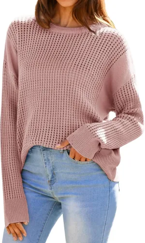 GRACE KARIN Women's Sweater 2024 Casual Loose Crew Neck Long Sleeve Crochet Fall Pullover Sweater Top
