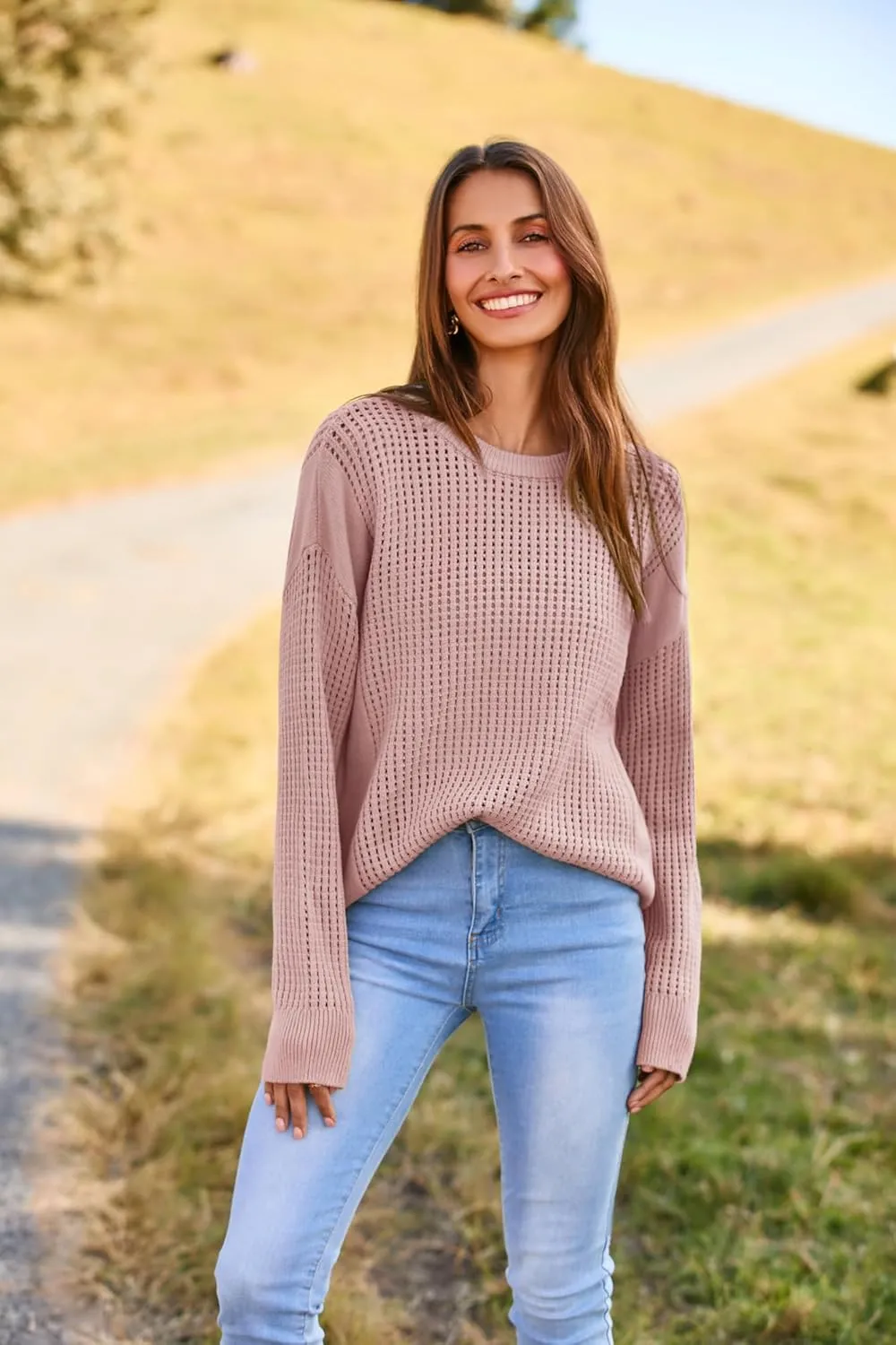 GRACE KARIN Women's Sweater 2024 Casual Loose Crew Neck Long Sleeve Crochet Fall Pullover Sweater Top