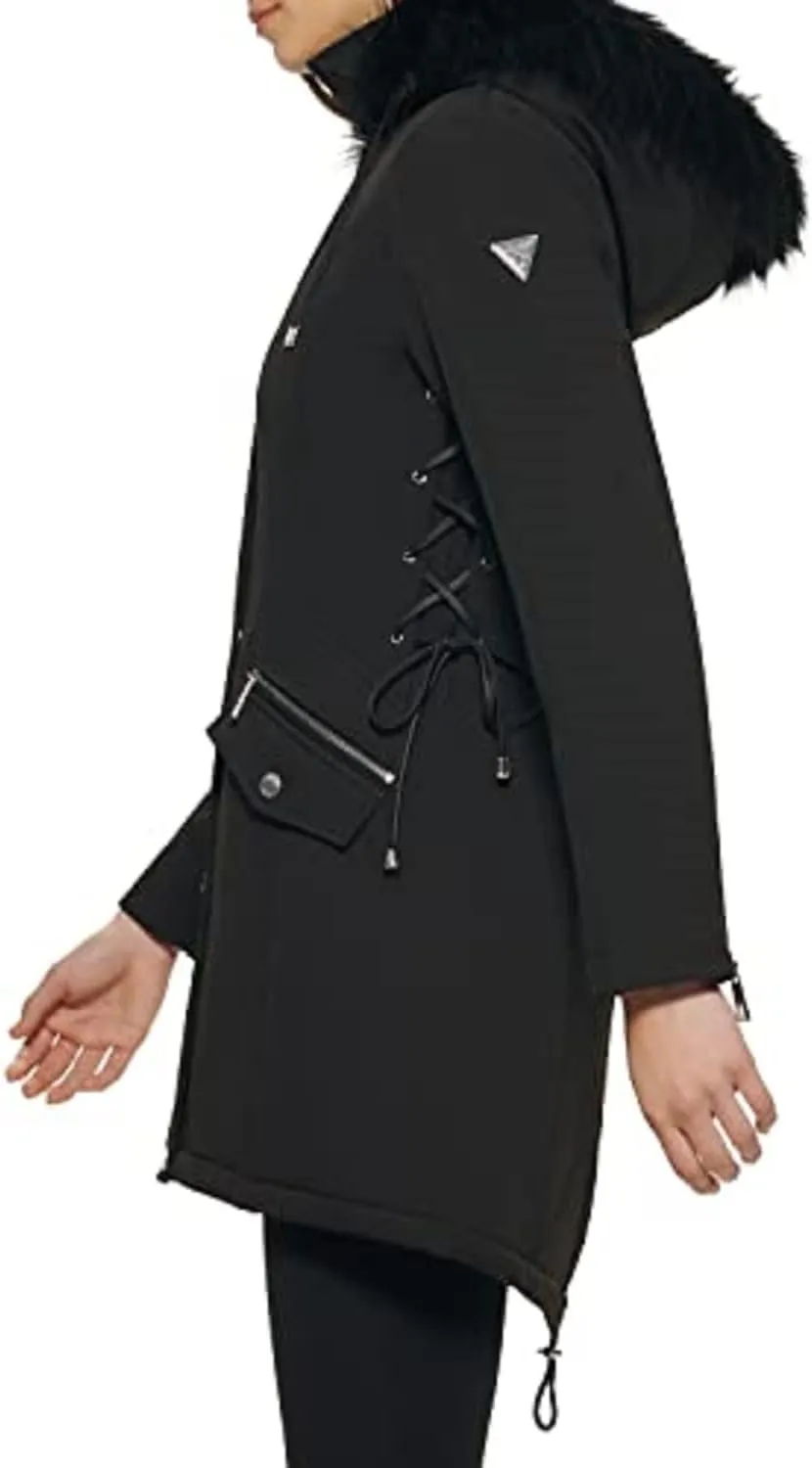 GUESS Womens Long Softshell Coat-Water Resistant Fall Jacket, Faux Fur