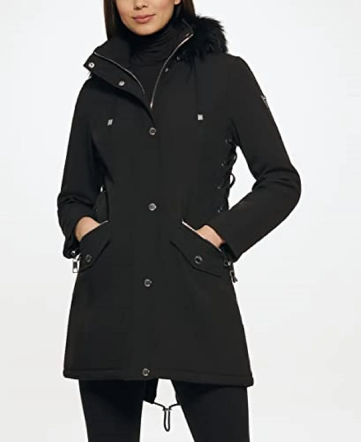 GUESS Womens Long Softshell Coat-Water Resistant Fall Jacket, Faux Fur