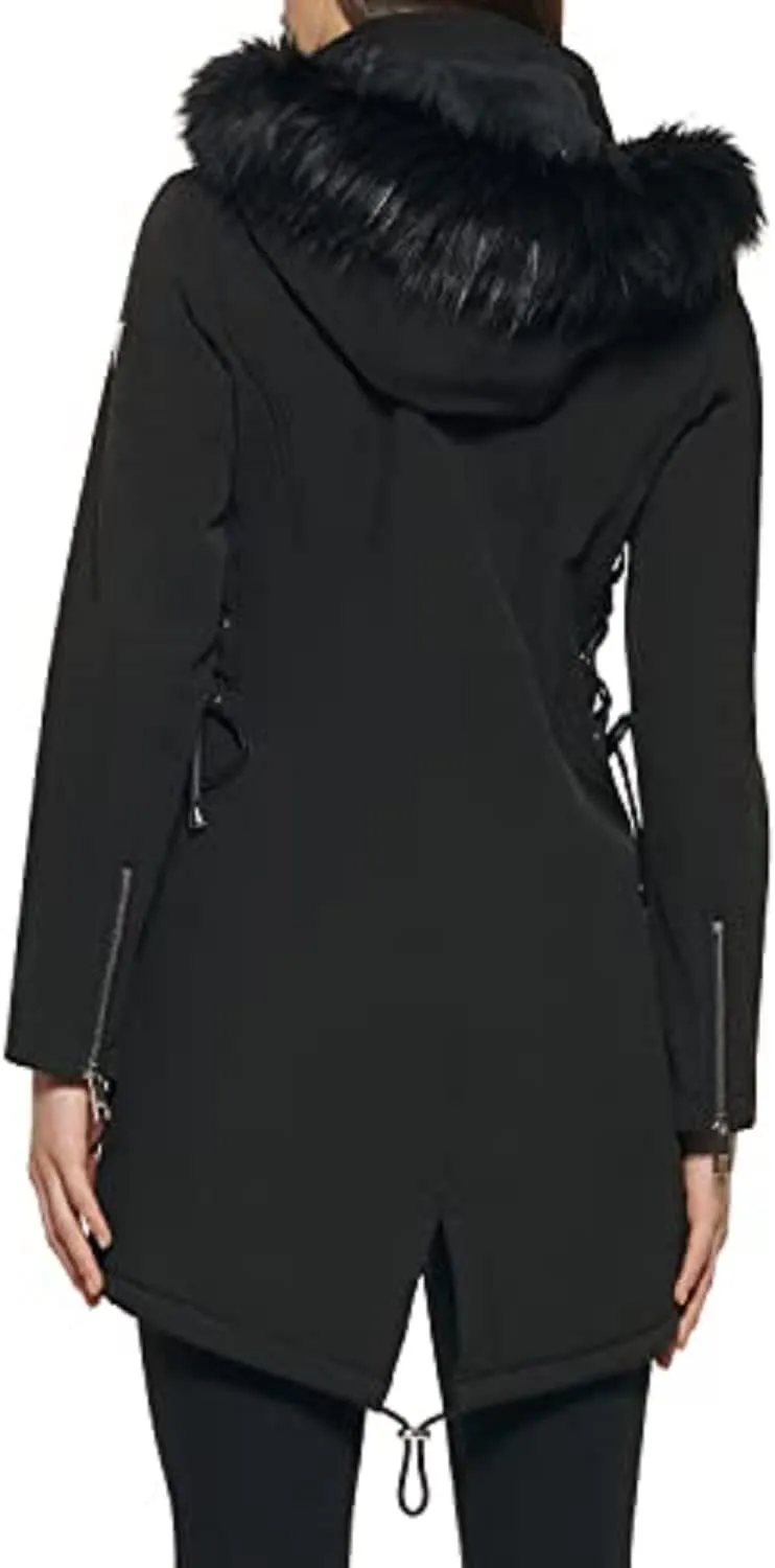 GUESS Womens Long Softshell Coat-Water Resistant Fall Jacket, Faux Fur