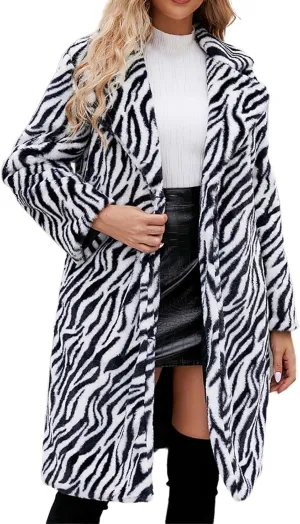 HGps8w Faux Fur Winter Coats for Women Zebra Print Shaggy Warm Outerwear Mid-Long Furry Overcoat Open Front Cardigan Jackets
