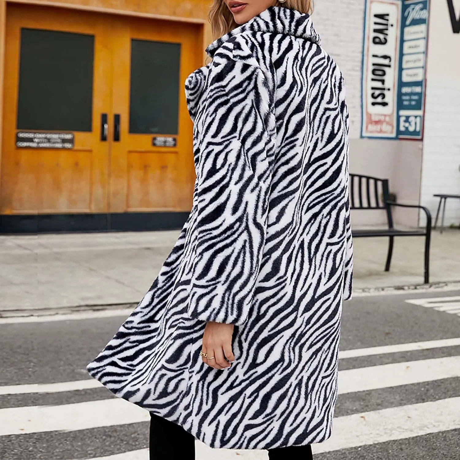 HGps8w Faux Fur Winter Coats for Women Zebra Print Shaggy Warm Outerwear Mid-Long Furry Overcoat Open Front Cardigan Jackets