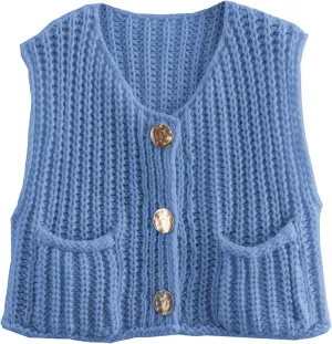 Hixiaohe Womens Crochet Chunky Knit Top Sleeveless Button Down Crop Tops Trendy Cardigan Sweater Vest for Women with Pockets