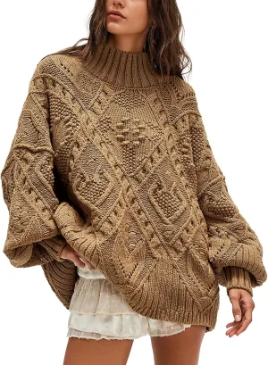 Hixiaohe Womens Sweaters Trendy Turtleneck Crochet Top Oversized Long Sleeve Chunky Knit Pullover Sweater Loose Jumper Tops