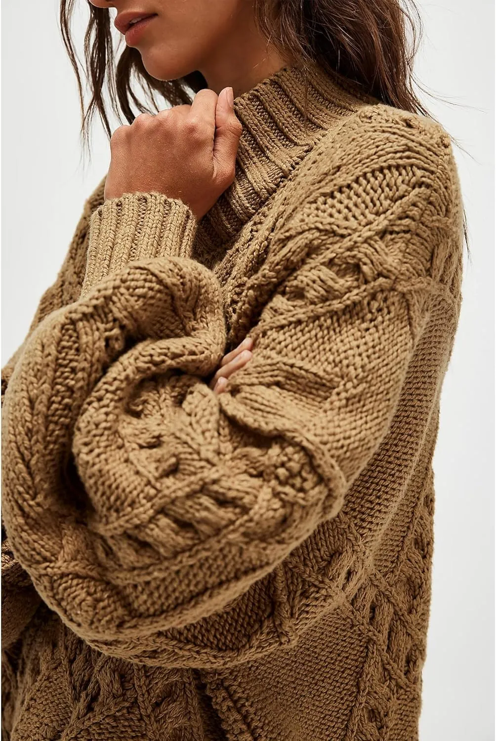 Hixiaohe Womens Sweaters Trendy Turtleneck Crochet Top Oversized Long Sleeve Chunky Knit Pullover Sweater Loose Jumper Tops