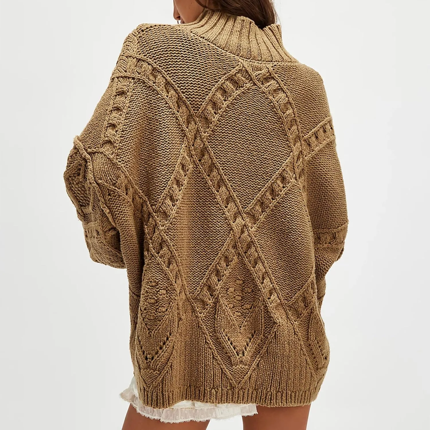 Hixiaohe Womens Sweaters Trendy Turtleneck Crochet Top Oversized Long Sleeve Chunky Knit Pullover Sweater Loose Jumper Tops