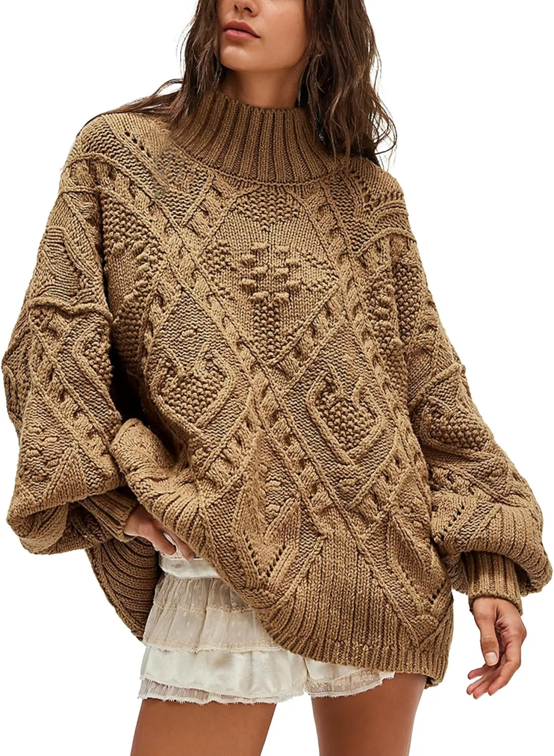 Hixiaohe Womens Sweaters Trendy Turtleneck Crochet Top Oversized Long Sleeve Chunky Knit Pullover Sweater Loose Jumper Tops