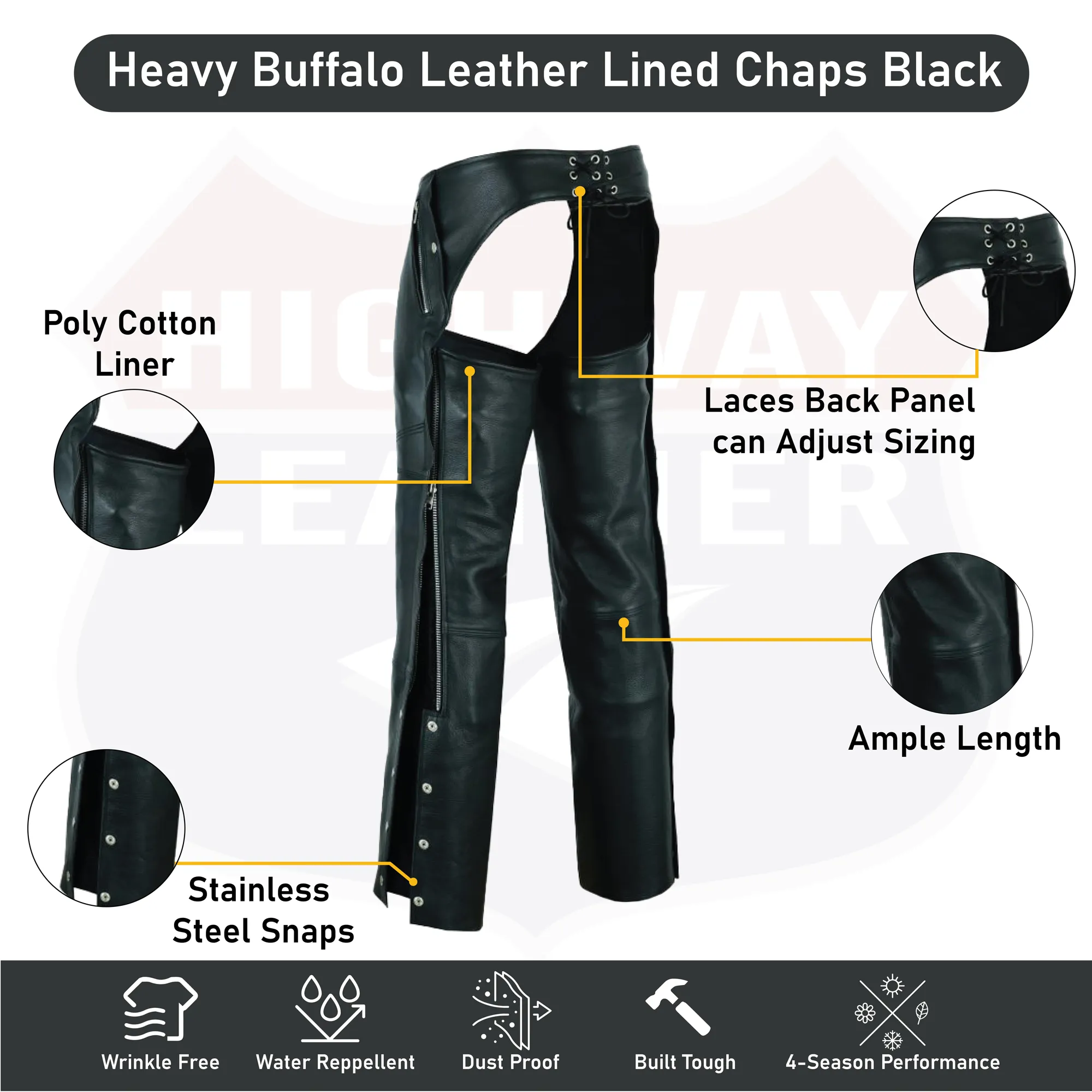 HL12840NKD Heavy Buffalo Leather Lined Chaps Motorcycle Riding Biker Chap Black