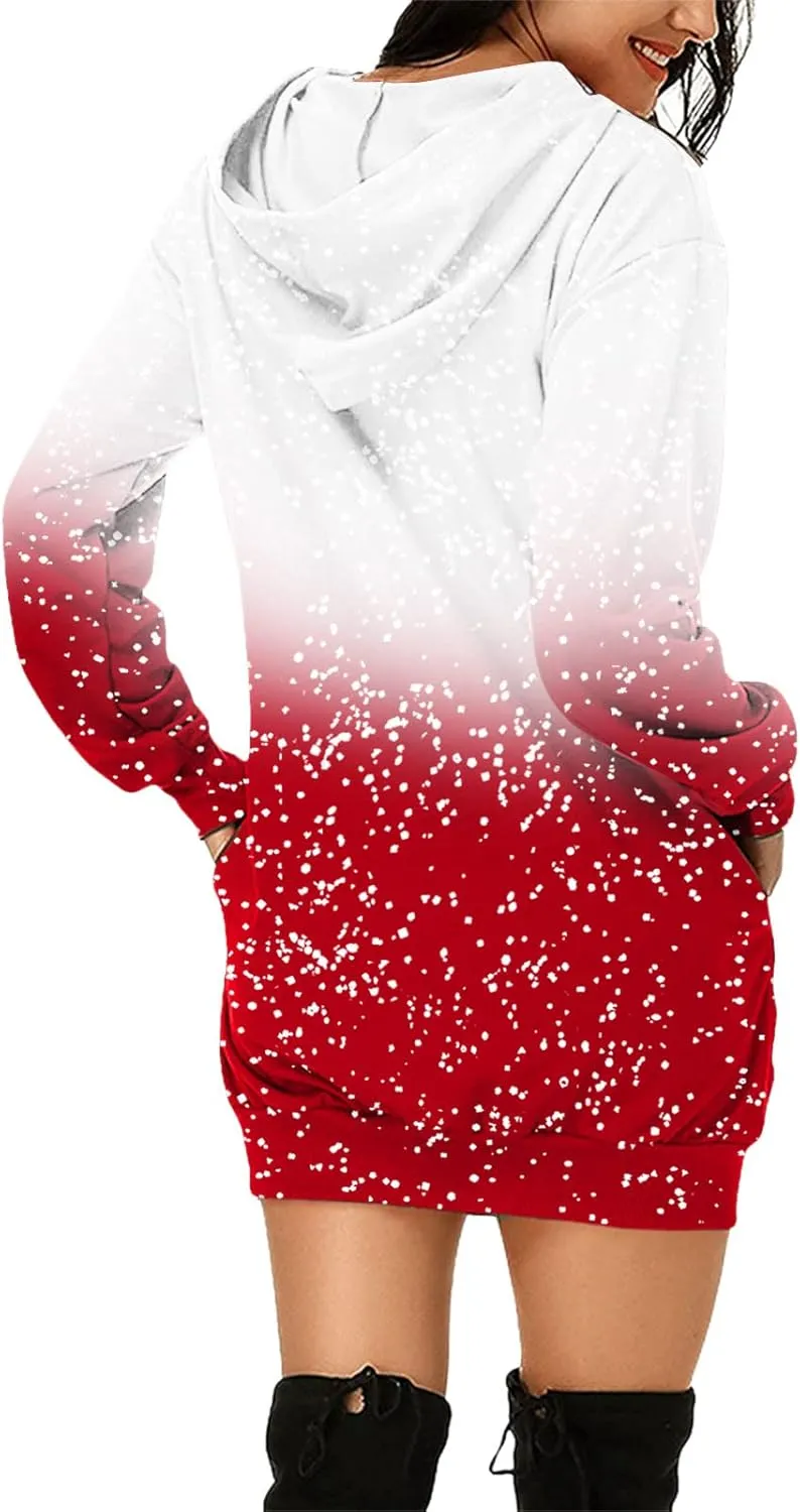 Hoodies Dress for Women Ugly Christmas Print Long Sleeve Casual Loose Long Bodycon Tunic Sweatshirt Dress with Pocket
