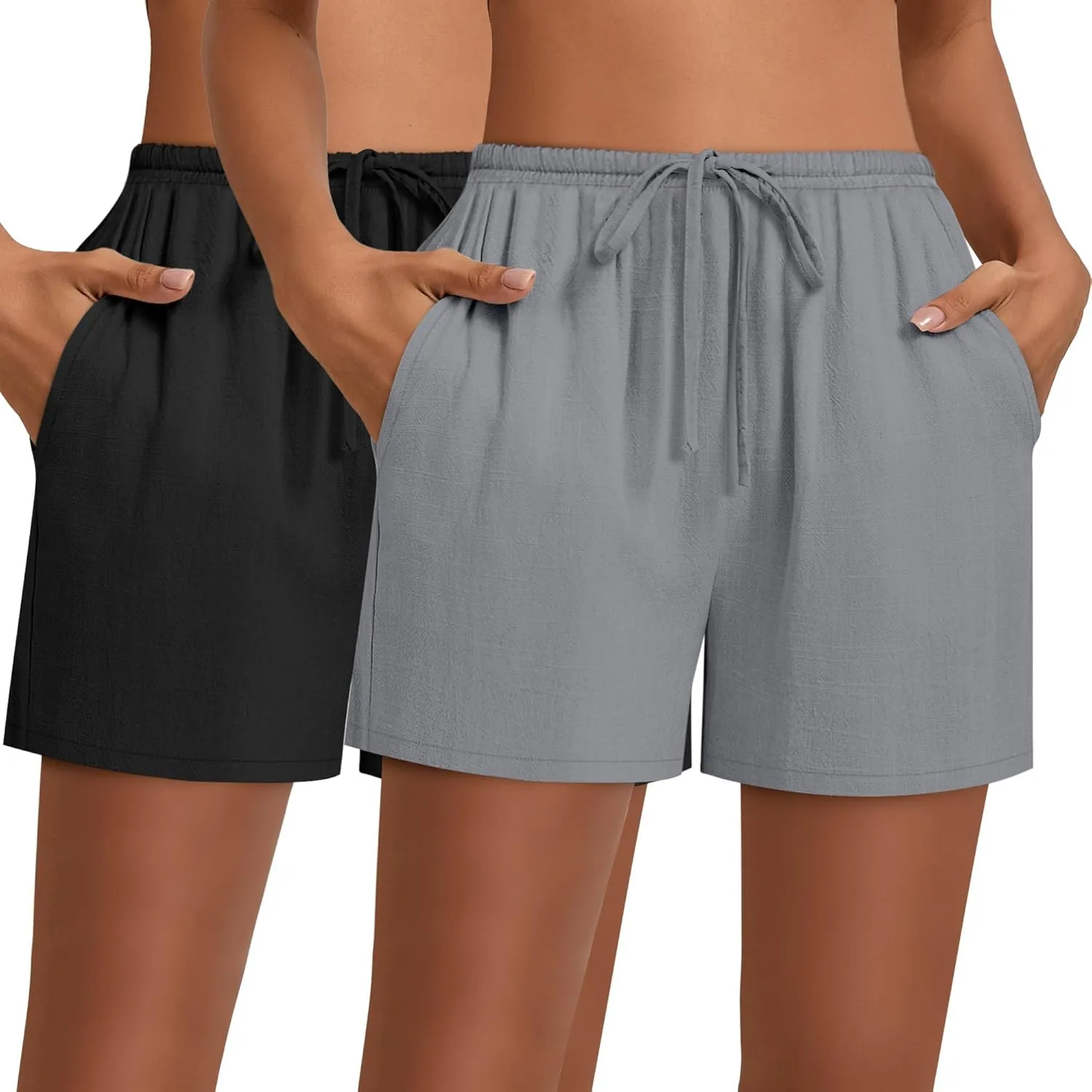 Huukeay 2 Pack Women's Casual Linen Shorts Comfy Drawstring High Waisted 2025 Summer Lightweight Beach Shorts with Pockets