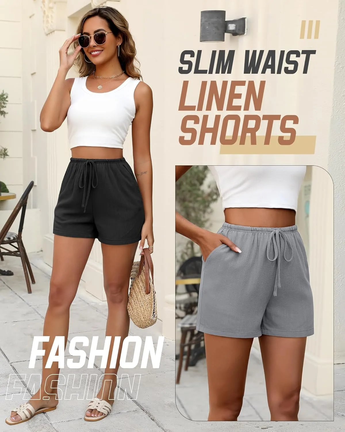 Huukeay 2 Pack Women's Casual Linen Shorts Comfy Drawstring High Waisted 2025 Summer Lightweight Beach Shorts with Pockets