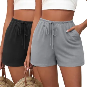 Huukeay 2 Pack Women's Casual Linen Shorts Comfy Drawstring High Waisted 2025 Summer Lightweight Beach Shorts with Pockets