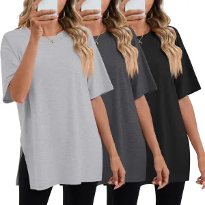 Huukeay 3 Pack Women's Oversized Gym T Shirts Cotton Short Sleeve Side Split Crewneck Tops Casual Workout Baggy Basic Tee