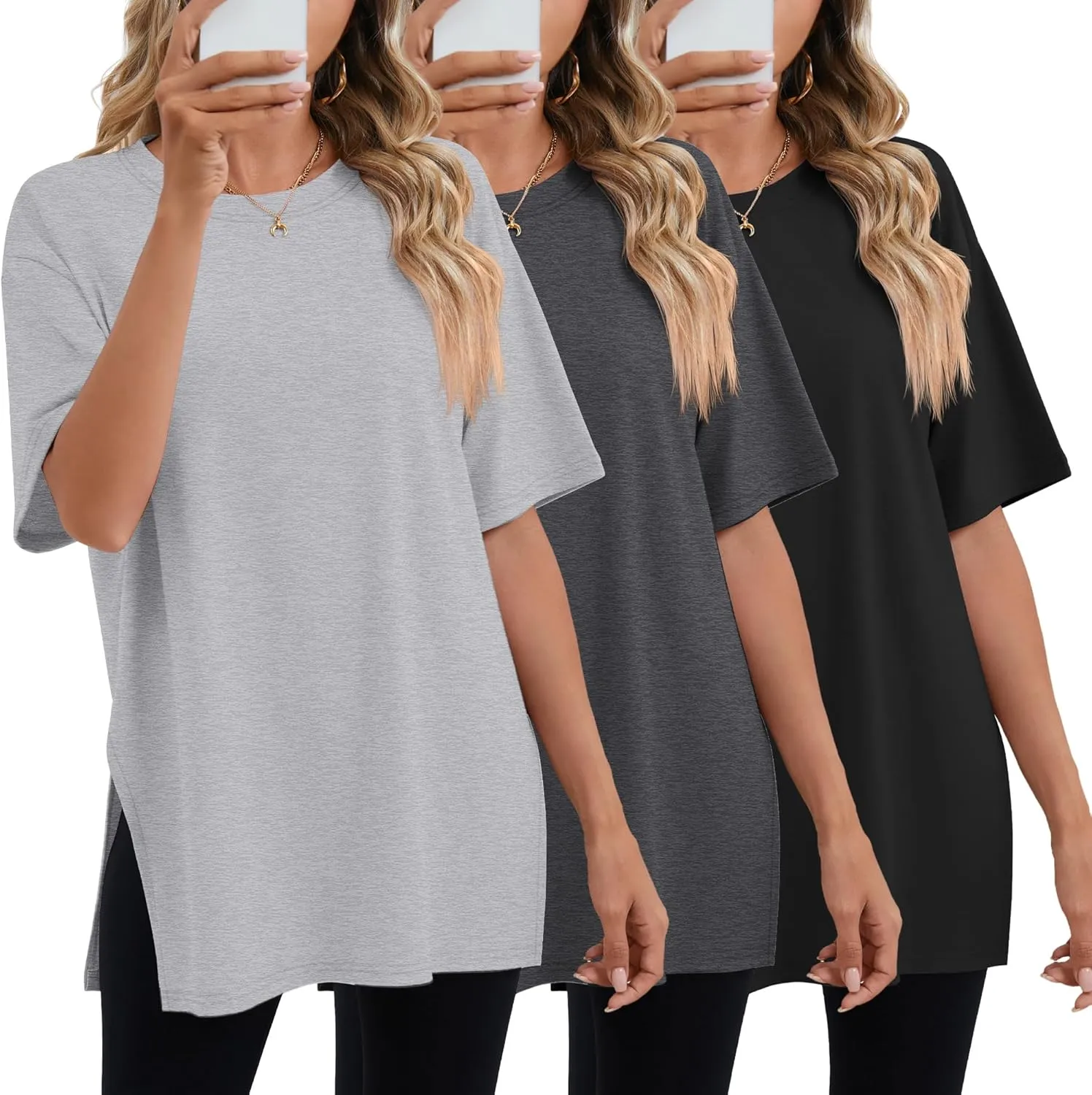 Huukeay 3 Pack Women's Oversized Gym T Shirts Cotton Short Sleeve Side Split Crewneck Tops Casual Workout Baggy Basic Tee