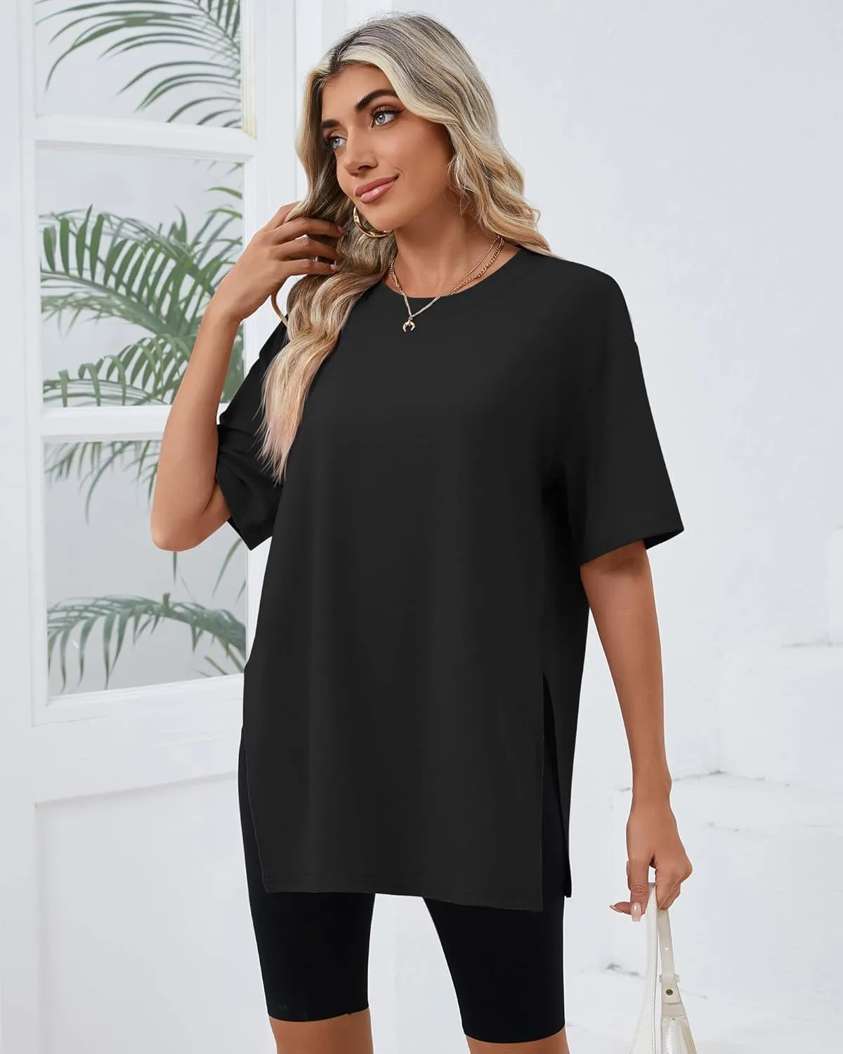 Huukeay 3 Pack Women's Oversized Gym T Shirts Cotton Short Sleeve Side Split Crewneck Tops Casual Workout Baggy Basic Tee