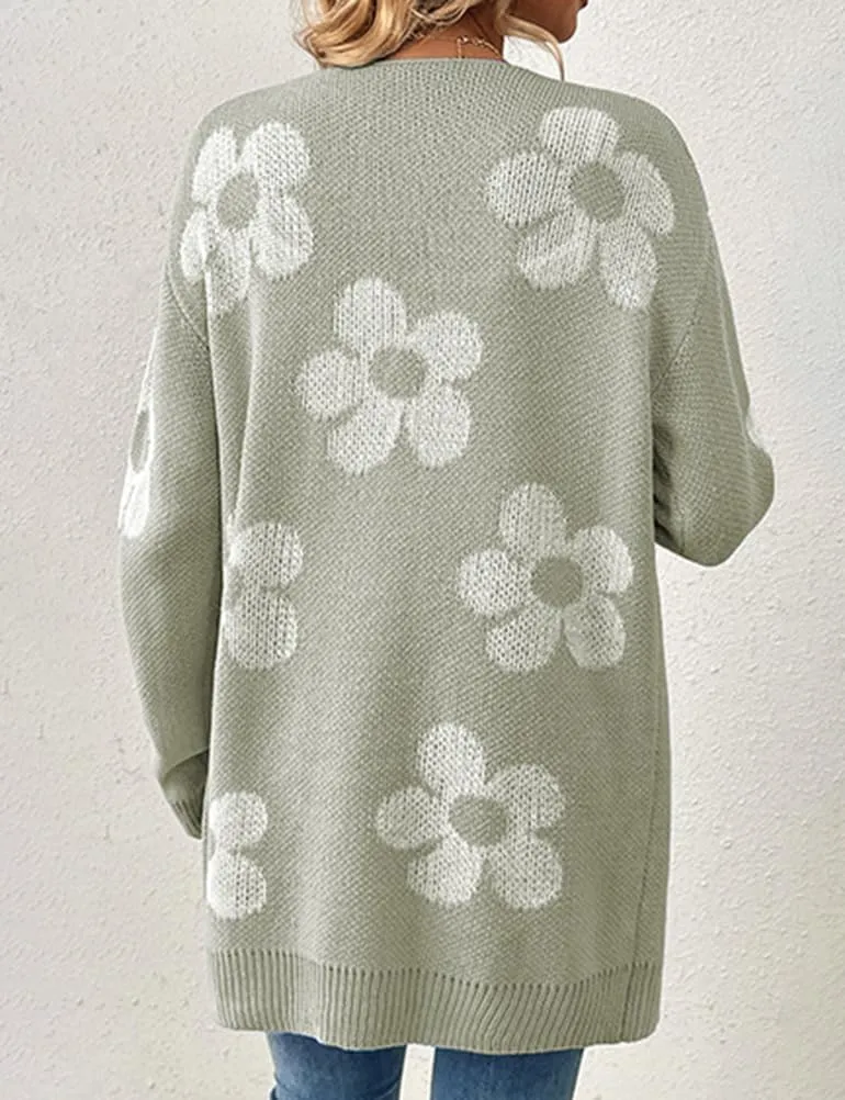 IDEALSANXUN Long Daisy Cardigan Sweaters for Women Fall Flower Floral Printed Knit Top Long Sleeve Cute Open Front Jacket