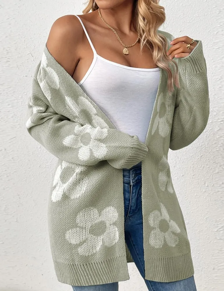 IDEALSANXUN Long Daisy Cardigan Sweaters for Women Fall Flower Floral Printed Knit Top Long Sleeve Cute Open Front Jacket