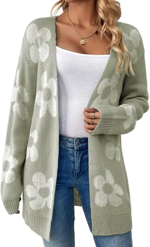 IDEALSANXUN Long Daisy Cardigan Sweaters for Women Fall Flower Floral Printed Knit Top Long Sleeve Cute Open Front Jacket
