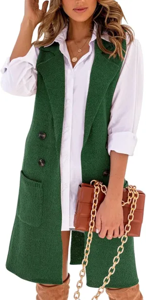 IDEALSANXUN Womens Long Sweater Vest Fall Winter Sleeveless Knit Cardigan Outerwear