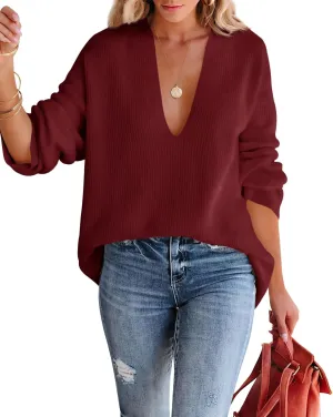 Imily Bela Womens Oversized Deep V Neck Sweaters Sexy Long Sleeve Tunic Sweater Knitted Dressy Pullover Jumper