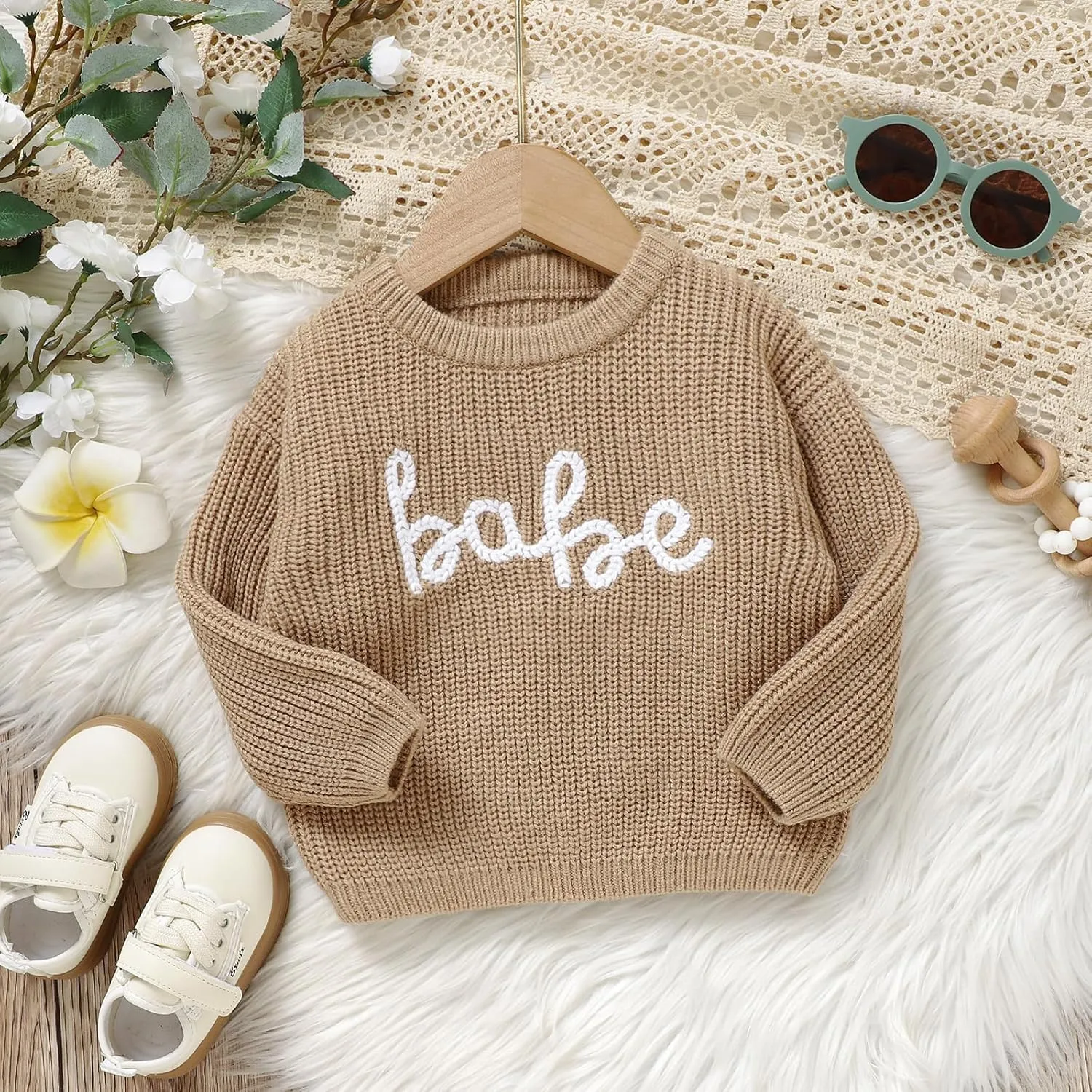 Infant Baby Boy Girl Knit Sweater Rooster Goose Embroidery Crew Neck Long Sleeve Pullover Knit Shirt Winter Clothes