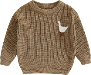 Infant Baby Boy Girl Knit Sweater Rooster Goose Embroidery Crew Neck Long Sleeve Pullover Knit Shirt Winter Clothes