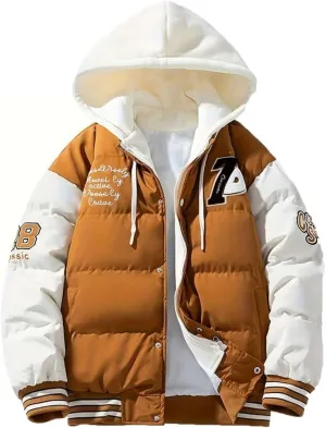 INVACHI Men's Hooded Down Jacket Fake Two-piece Hooded Patchwork Cotton Jacket Long Sleeve Jacket Men's Winter Outdoor Jacket