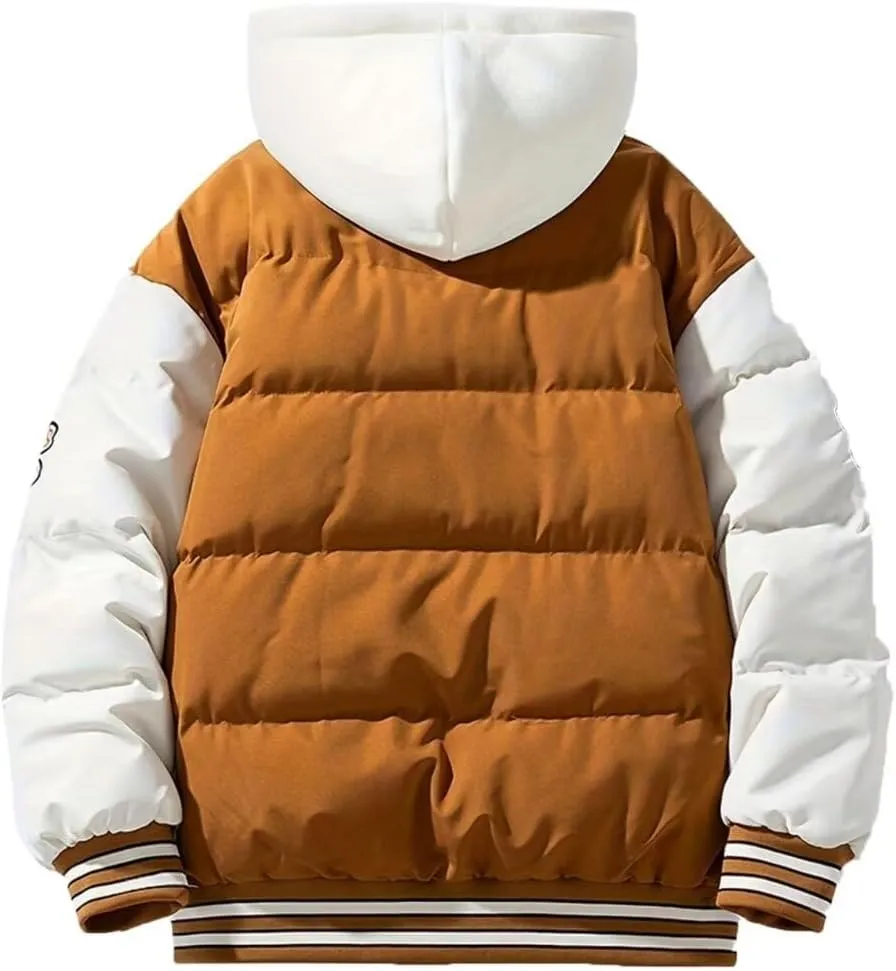 INVACHI Men's Hooded Down Jacket Fake Two-piece Hooded Patchwork Cotton Jacket Long Sleeve Jacket Men's Winter Outdoor Jacket