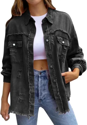 Jackets To Wear Over Dresses Women's Trendy Ripped Oversized Denim Jacket Casual Long Boyfriend Denim Shirt Dress