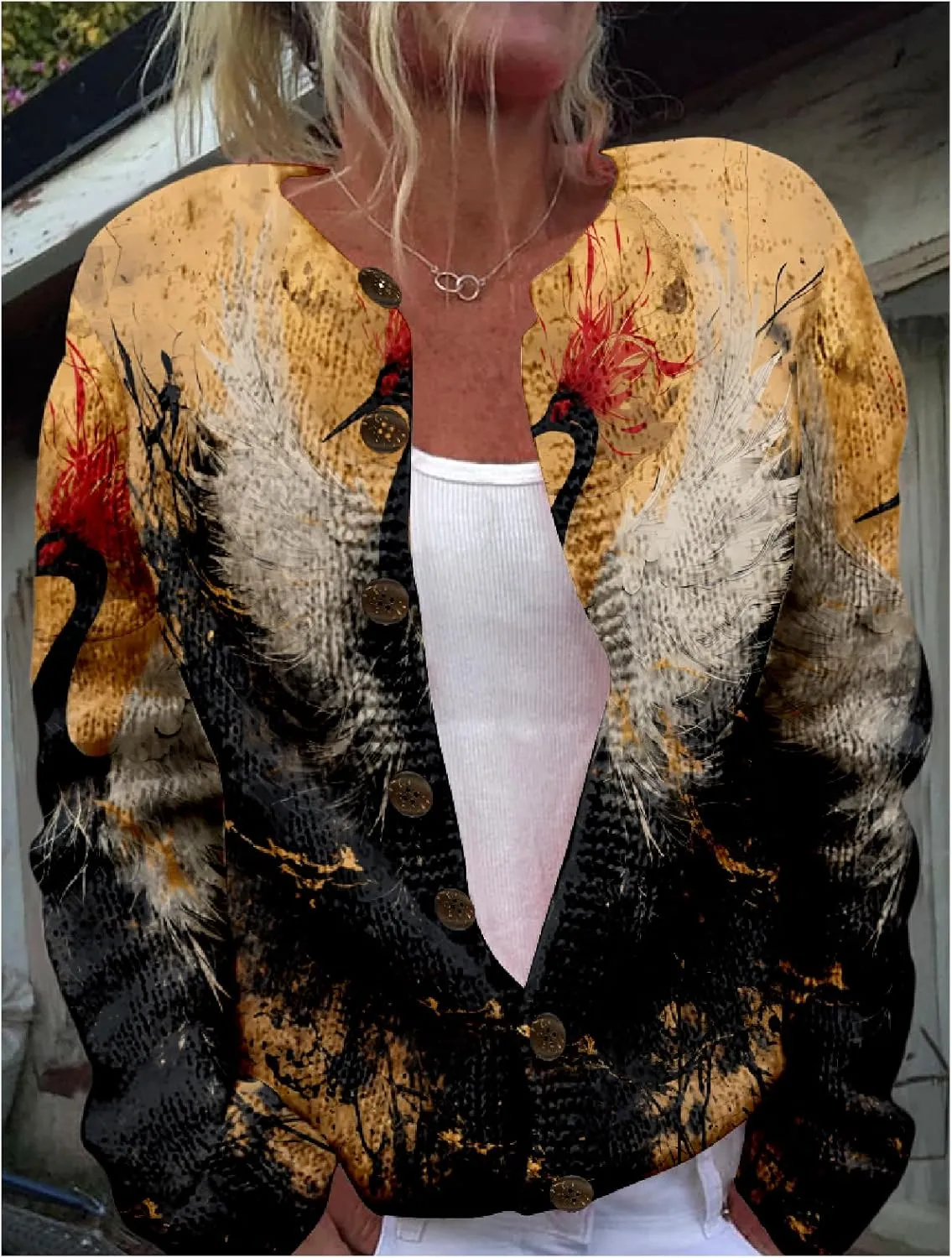 Japanese Print Sweater for Women Crane Graphic Chunky Cardigan Plus Size Button Up Knitted 2024 Winter Sweater