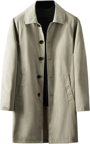 JEKE-DG Mens Single-Breasted Trench Coat Casual Lapel Lightweight Windproof Coat Long Loose Pea Overcoat