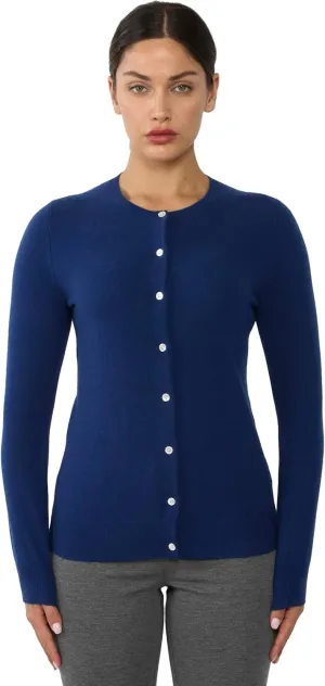 JENNIE LIU Women's 100% Cashmere Button Front Long Sleeve Crewneck Cardigan Sweater