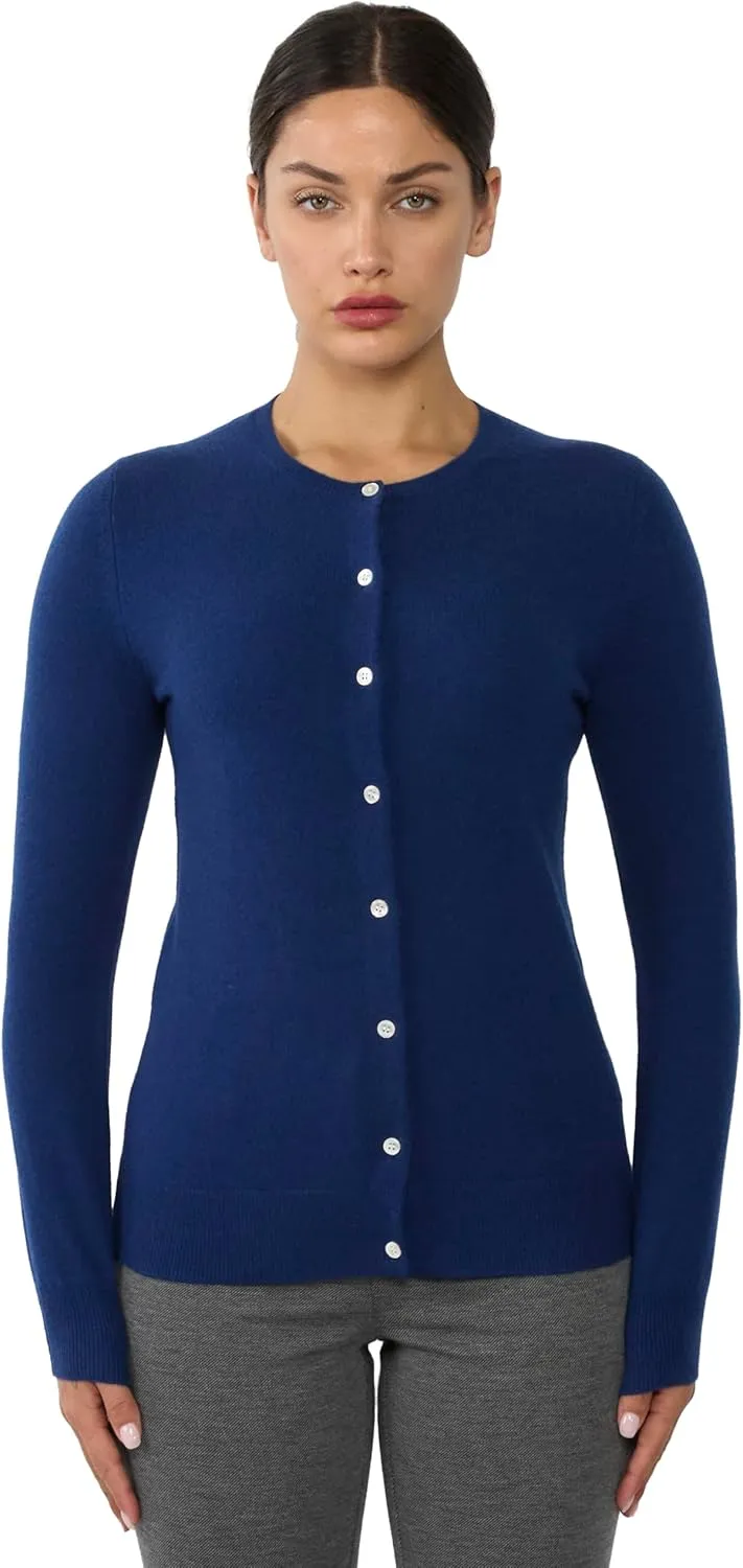 JENNIE LIU Women's 100% Cashmere Button Front Long Sleeve Crewneck Cardigan Sweater