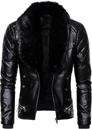 JEShifangjiusu Men'S Removable Fur Collar Jacket Sherpa Lined Zips Faux Leather Jacket Leather Vintage Retro Coat Outwear