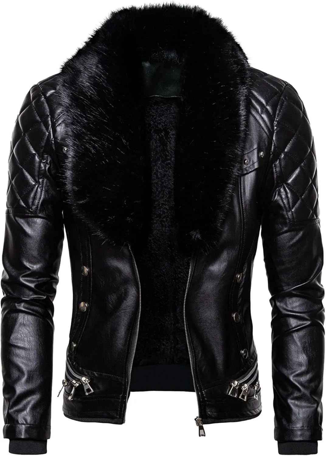 JEShifangjiusu Men'S Removable Fur Collar Jacket Sherpa Lined Zips Faux Leather Jacket Leather Vintage Retro Coat Outwear