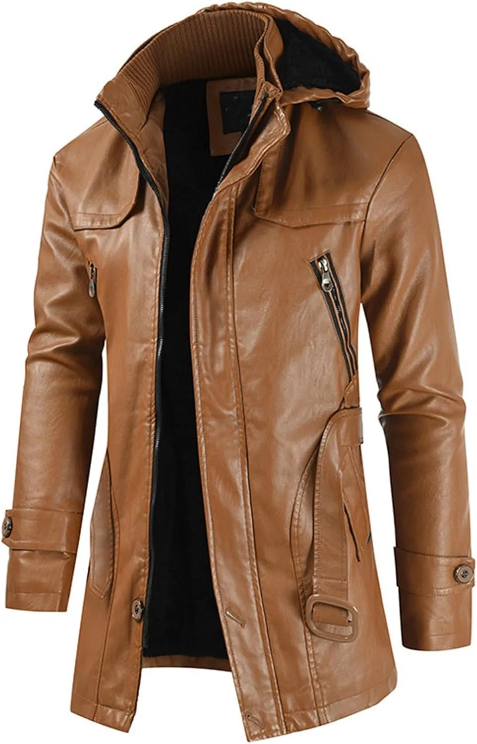 JEsilunmaMY Men's PU Leather Hooded Trench Coat Mid Length Belt Motorcycle Jacket Plus Size Fall Winter Bomber Windbreaker