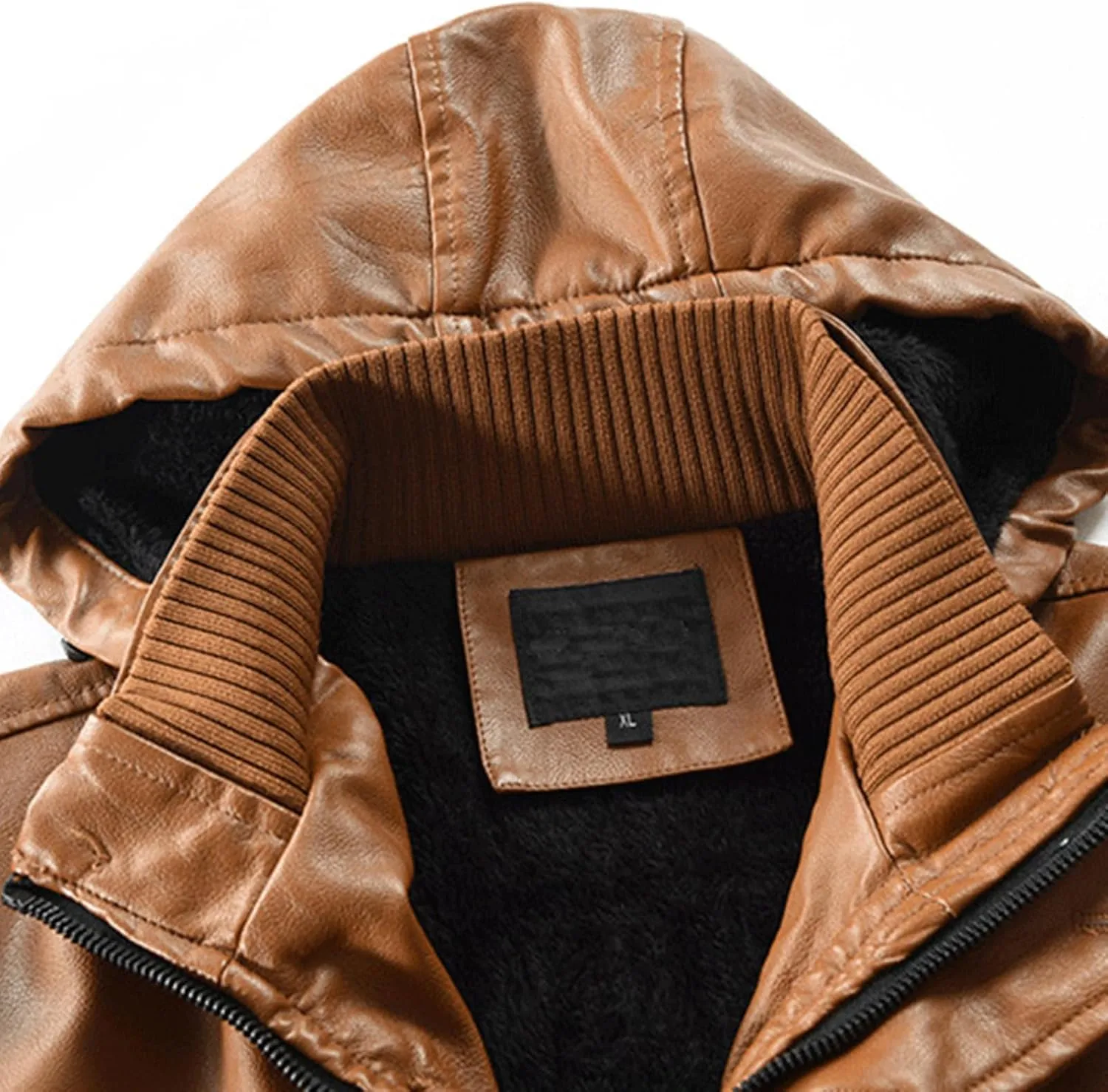 JEsilunmaMY Men's PU Leather Hooded Trench Coat Mid Length Belt Motorcycle Jacket Plus Size Fall Winter Bomber Windbreaker