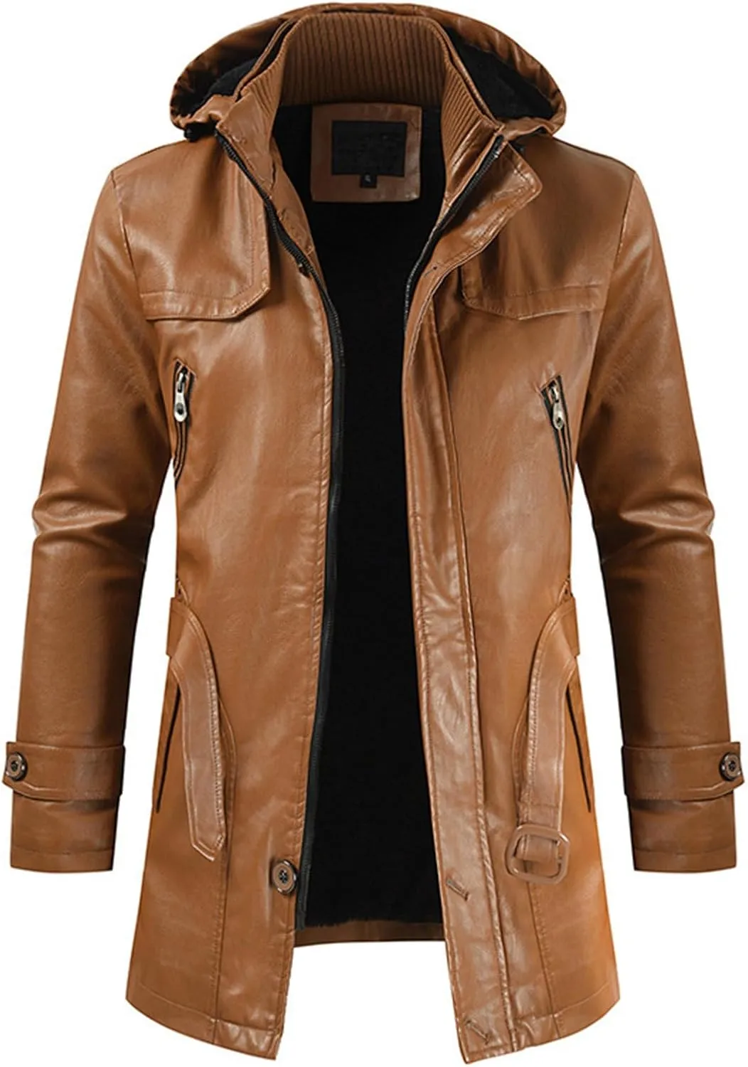 JEsilunmaMY Men's PU Leather Hooded Trench Coat Mid Length Belt Motorcycle Jacket Plus Size Fall Winter Bomber Windbreaker