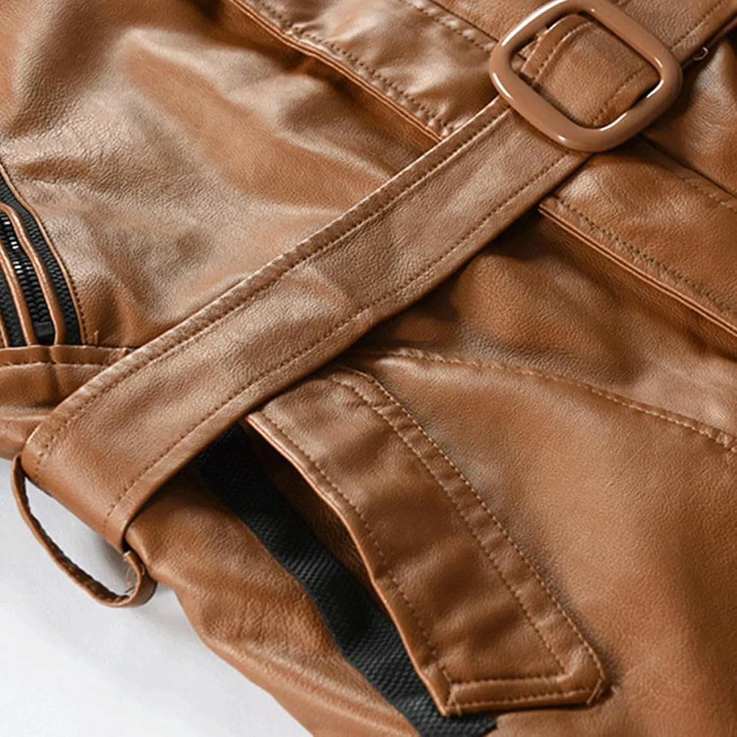 JEsilunmaMY Men's PU Leather Hooded Trench Coat Mid Length Belt Motorcycle Jacket Plus Size Fall Winter Bomber Windbreaker