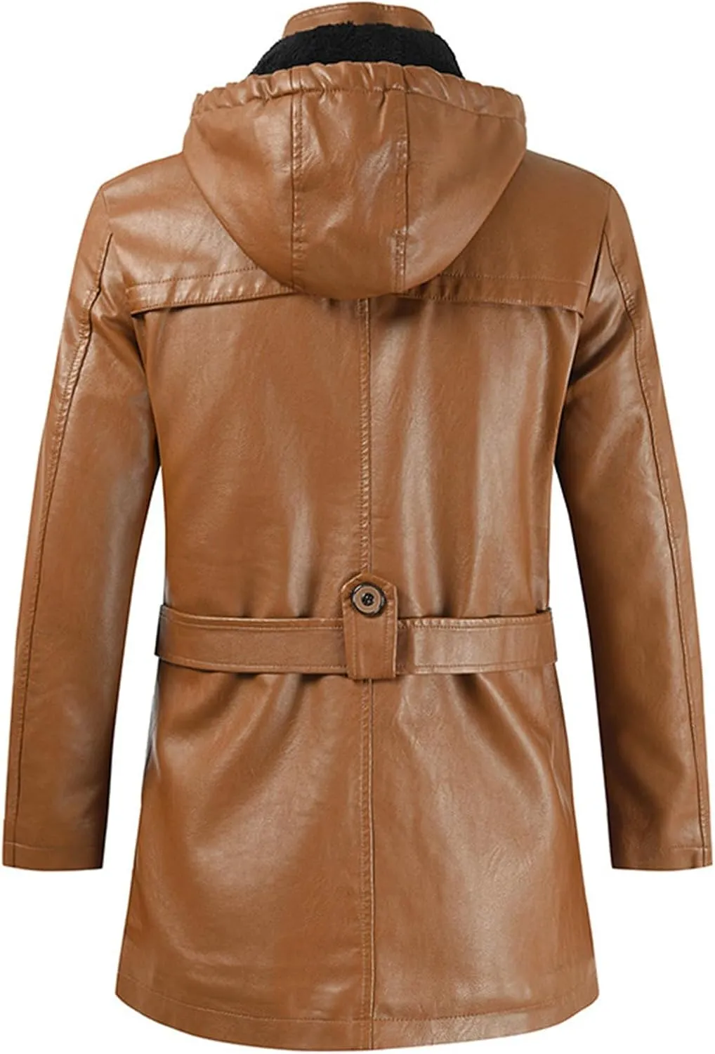 JEsilunmaMY Men's PU Leather Hooded Trench Coat Mid Length Belt Motorcycle Jacket Plus Size Fall Winter Bomber Windbreaker
